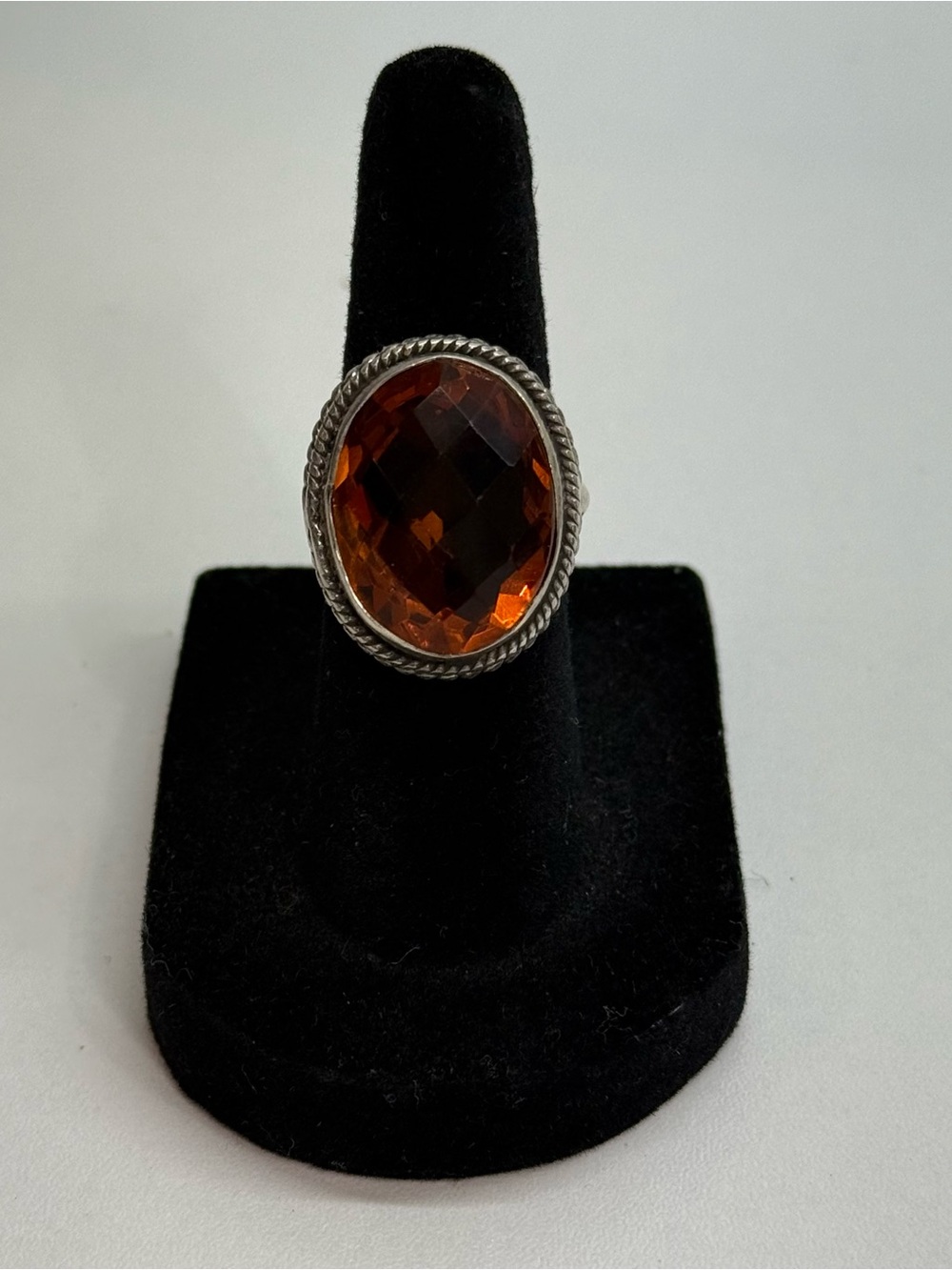Sterling Silver and amber/light brown faceted glass stone ring size 6 3/4